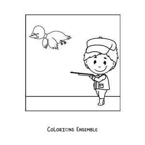 Image à colorier d’un chasseur visant un canard