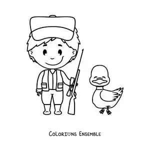 Image à colorier d’un chasseur à côté d’un canard