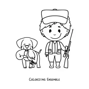 Image à colorier d’un chasseur à côté d’un chien de chasse qui a attrapé un canard