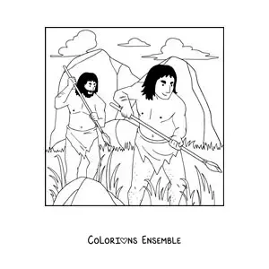 Image à colorier de deux hommes préhistoriques chassant avec une lance