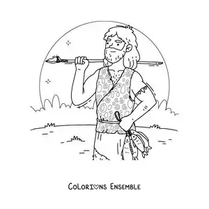 Image à colorier d’un homme des cavernes chassant des poissons avec une lance