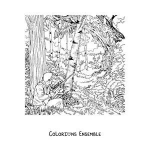 Image à colorier d’un chasseur visant un cerf dans la forêt