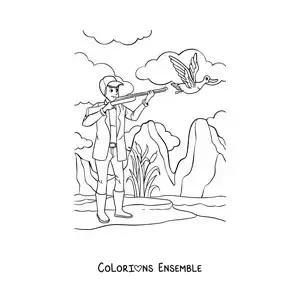 Image à colorier d’un chasseur visant un canard dans la nature