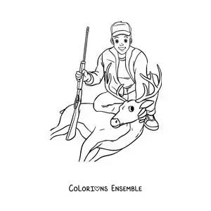 Image à colorier d’un chasseur avec un cerf