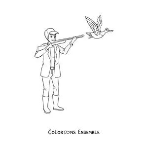 Image à colorier d’un homme chassant un canard