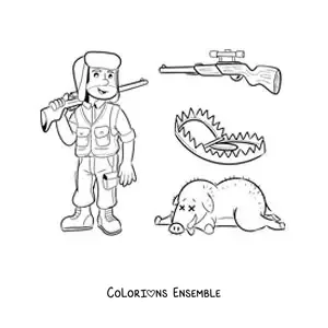 Image à colorier d’un chasseur de sangliers avec des pièges et une arme
