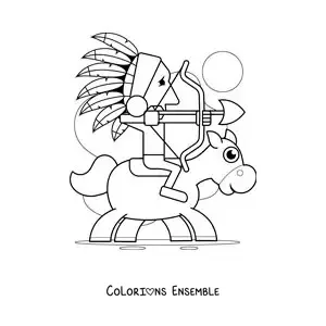 Image à colorier d’un Amérindien à cheval chassant avec un arc