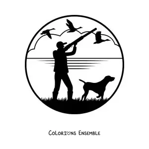 Image à colorier d’une silhouette d’un chasseur de canards avec son chien