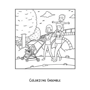 Image à colorier d’une famille en promenade dans le parc