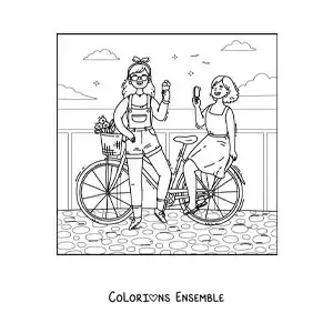 Image à colorier de deux amies mangeant une glace lors d’une balade à vélo