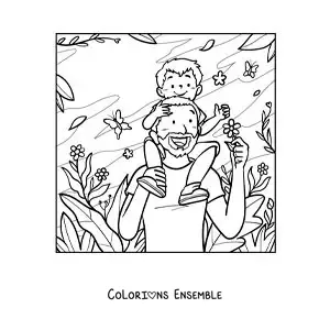 Image à colorier d’un père se promenant dans le parc avec son fils assis sur ses épaules