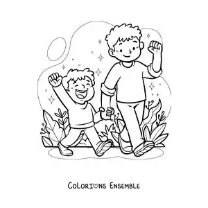 Image à colorier d’un garçon et de son petit frère se promenant main dans la main dans le parc