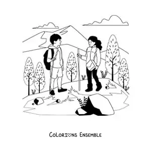 Image à colorier d’un couple faisant de la randonnée dans les montagnes