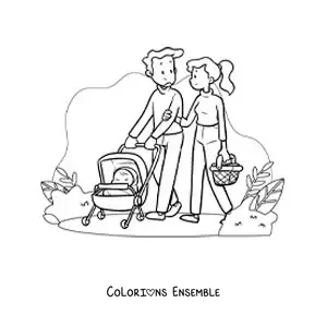 Image à colorier d’un couple en promenade dans le parc avec leur bébé