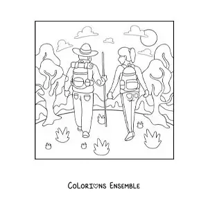 Image à colorier d’un couple faisant de la randonnée