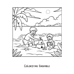Coloriage d'un papa qui construit un château de sable avec son fils à la plage