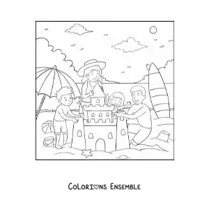 Coloriage d'une famille qui construit un château de sable à la plage