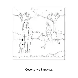Coloriage d'un garçon qui fait du jogging et d'un homme qui promène son chien dans le parc