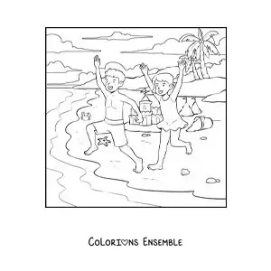 Coloriage d'une fille et de son frère en promenade sur la plage