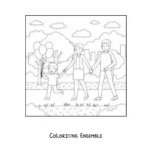 Coloriage d'une famille qui se promène dans le parc avec son petit enfant tenant des ballons