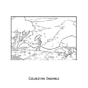Coloriage d'une fille en promenade dans le parc avec une ombrelle, en automne
