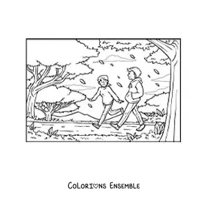 Coloriage d'un jeune couple en promenade dans le parc, en automne