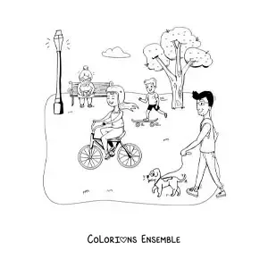 Coloriage de personnes de tous âges qui se promènent dans le parc