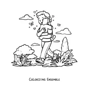 Coloriage d'un papa qui porte sa fille dans le parc
