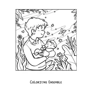 Coloriage d'un papa qui porte son bébé dans le parc