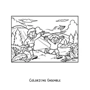 Coloriage de deux enfants qui courent dans le parc