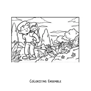 Coloriage d'un papa qui porte sa fille sur un sentier de randonnée