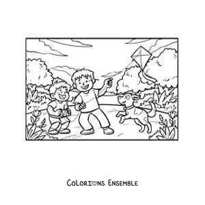 Coloriage de deux enfants qui font voler un cerf-volant avec leur chien dans le parc