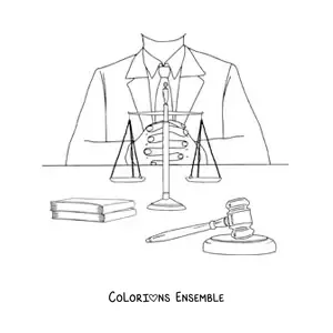 Image à colorier du buste d'un avocat devant une balance et un maillet