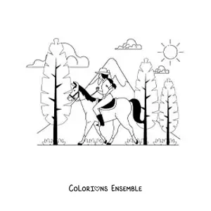 Coloriage d'une fille qui fait une balade à cheval dans la forêt