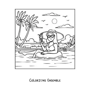Coloriage d'une fille avec un chapeau de vacances dans une piscine