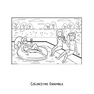 Coloriage d'un groupe de jeunes amis à une fête au bord de la piscine