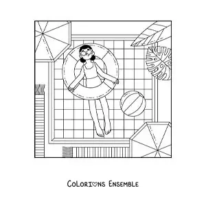 Coloriage d'une fille en vacances qui flotte dans une piscine