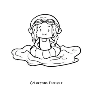 Coloriage d'une fille avec une bouée et des lunettes de natation dans une piscine