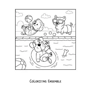 Coloriage de chiens rigolos à une fête au bord de la piscine