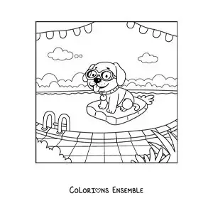 Coloriage d'un chien rigolo avec une bouée et des lunettes dans une piscine