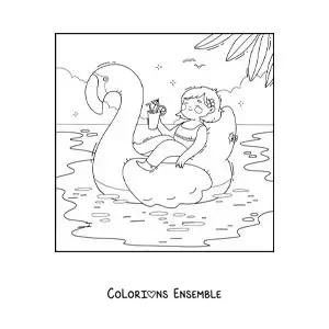 Coloriage d'une fille en vacances sur une bouée flamant rose dans la piscine