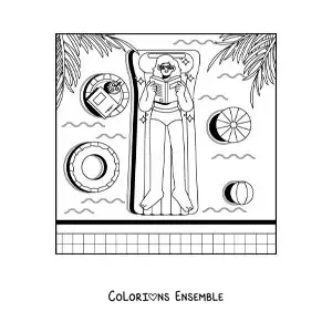 Coloriage d'une fille en vacances qui lit au bord d'une piscine