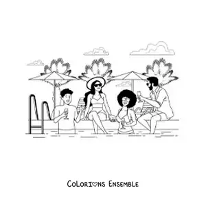 Coloriage d'un groupe d'amis adultes à une fête d'été au bord de la piscine