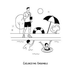 Coloriage d'une piscine municipale avec son maître-nageur