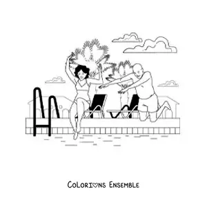 Coloriage d'une fille et d'un homme qui plongent dans l'eau d'une piscine