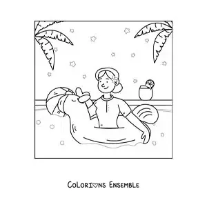 Coloriage d'une fille avec une bouée licorne dans une piscine