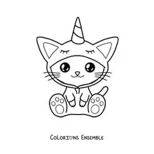 Image à colorier d’un chat kawaii déguisé en licorne