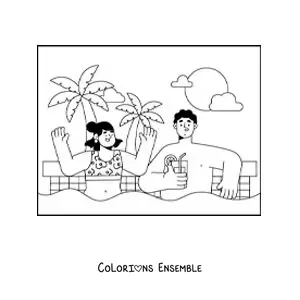 Coloriage d'un jeune couple en vacances dans une piscine