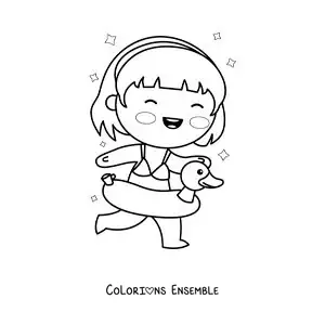 Coloriage d'une fille qui court avec une bouée canard