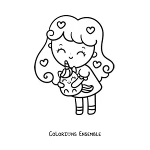 Image à colorier d'une petite fille kawaii tenant une licorne en jouet